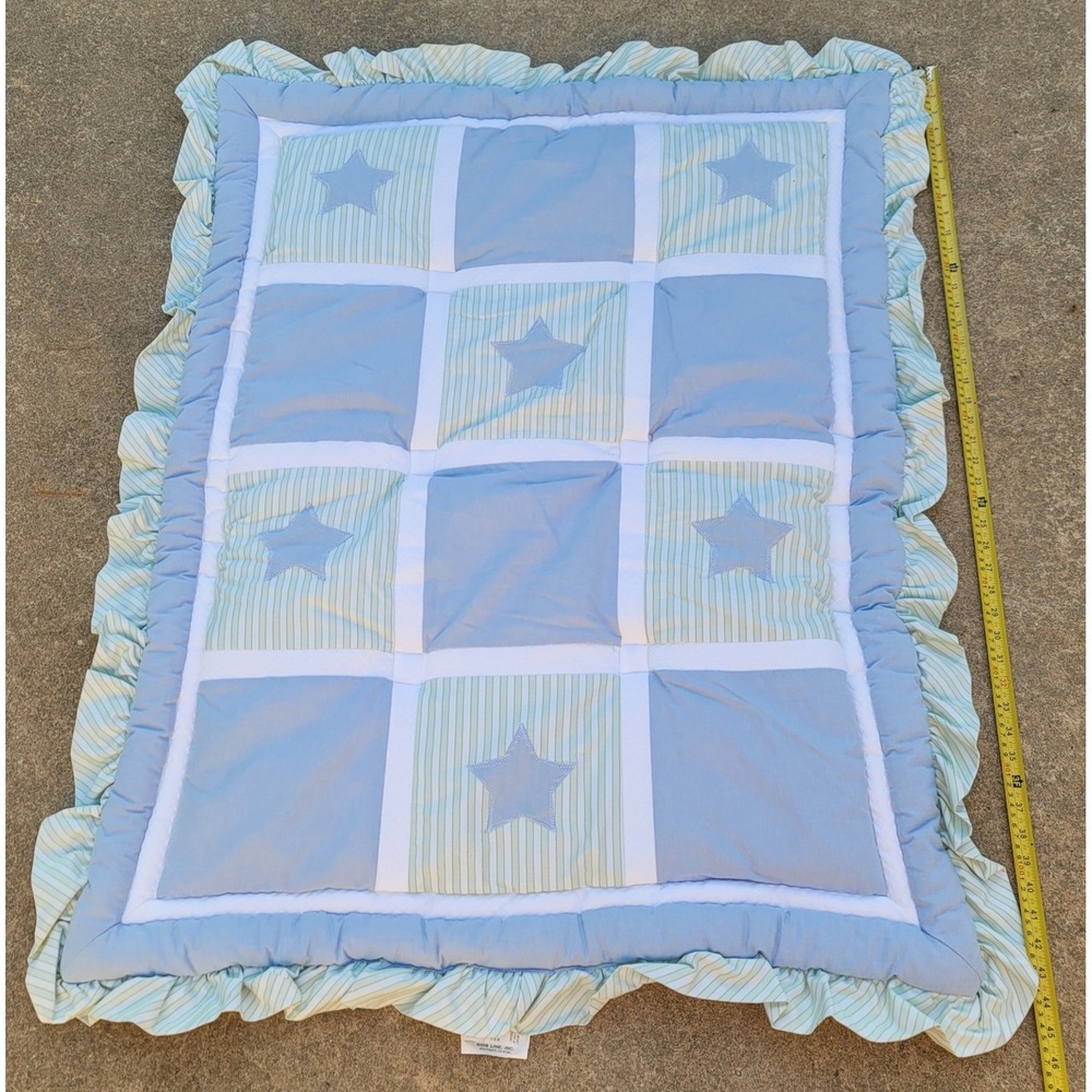 Kids Line Blue Green Star Patchwork Baby Crib Quilt Ruffle Nursery Bedding 42x32